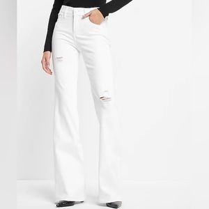 EXPRESS: Mid-Rise White Ripped 70's Flare Jeans